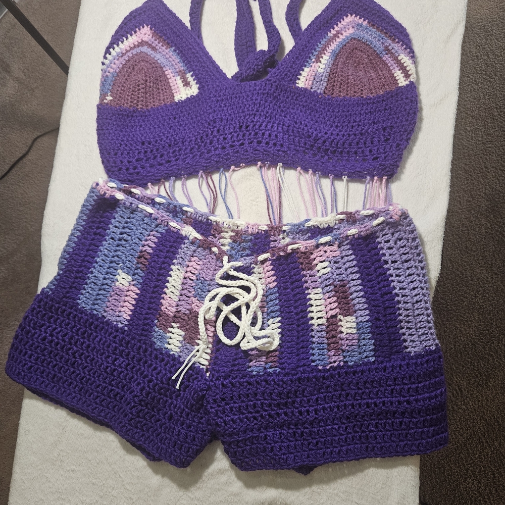 Vibrant Purple Crochet Top and Shorts Set